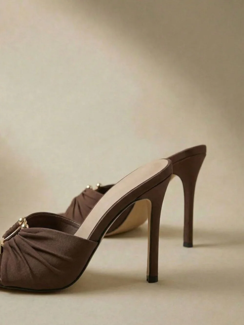 Brown Ruched Slide Sandals with Gold Ring Detail